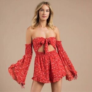 Tobi Off The Shoulder Tie Front Red Floral Romper
